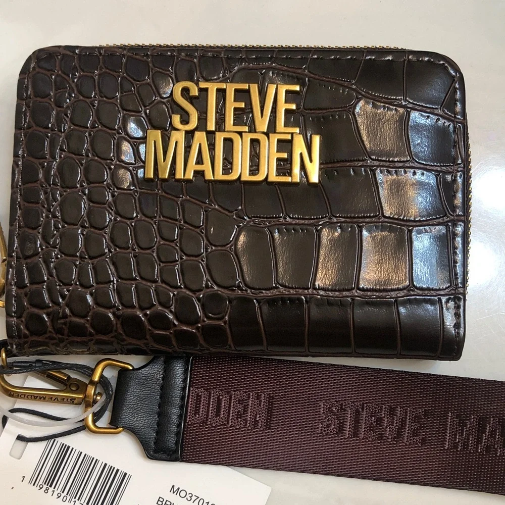 Steve Madden BJESS Brown Multi Faux Leather Croc Embossed ZA Wallet + Strap NWT